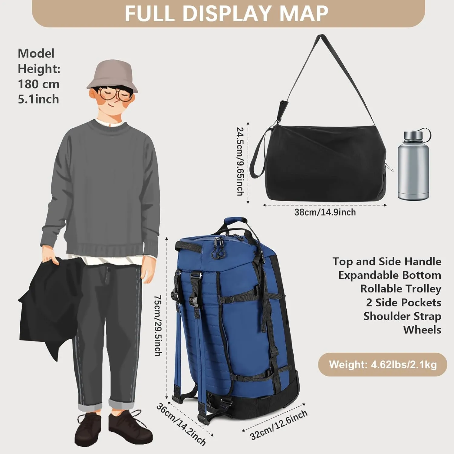 29" 86L Foldable Wheeled Duffle Bag, Waterproof Travel Rolling Backpack with Quilted Bottom, Navy