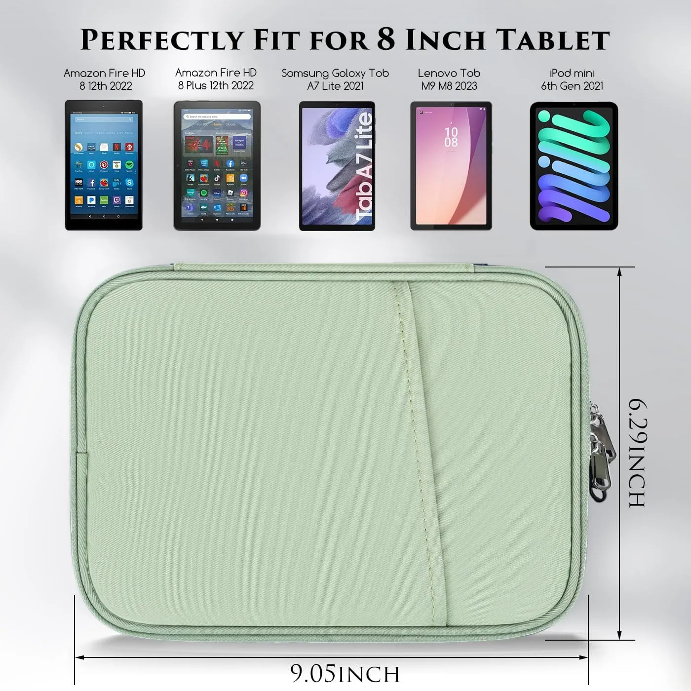 8-9 Inch Tablet Carrying Sleeve Bag Case for Samsung Galaxy Tab A9 8.7" /Tab A7 Lite 8.7" /Tab A 8" & Amazon Kindle Fire 8/Fire 8 Plus 8" & iPad Mini 7 6 5 4 3 2 1 8.3" 7.9" & Lenovo Tab M9 M8(Green)