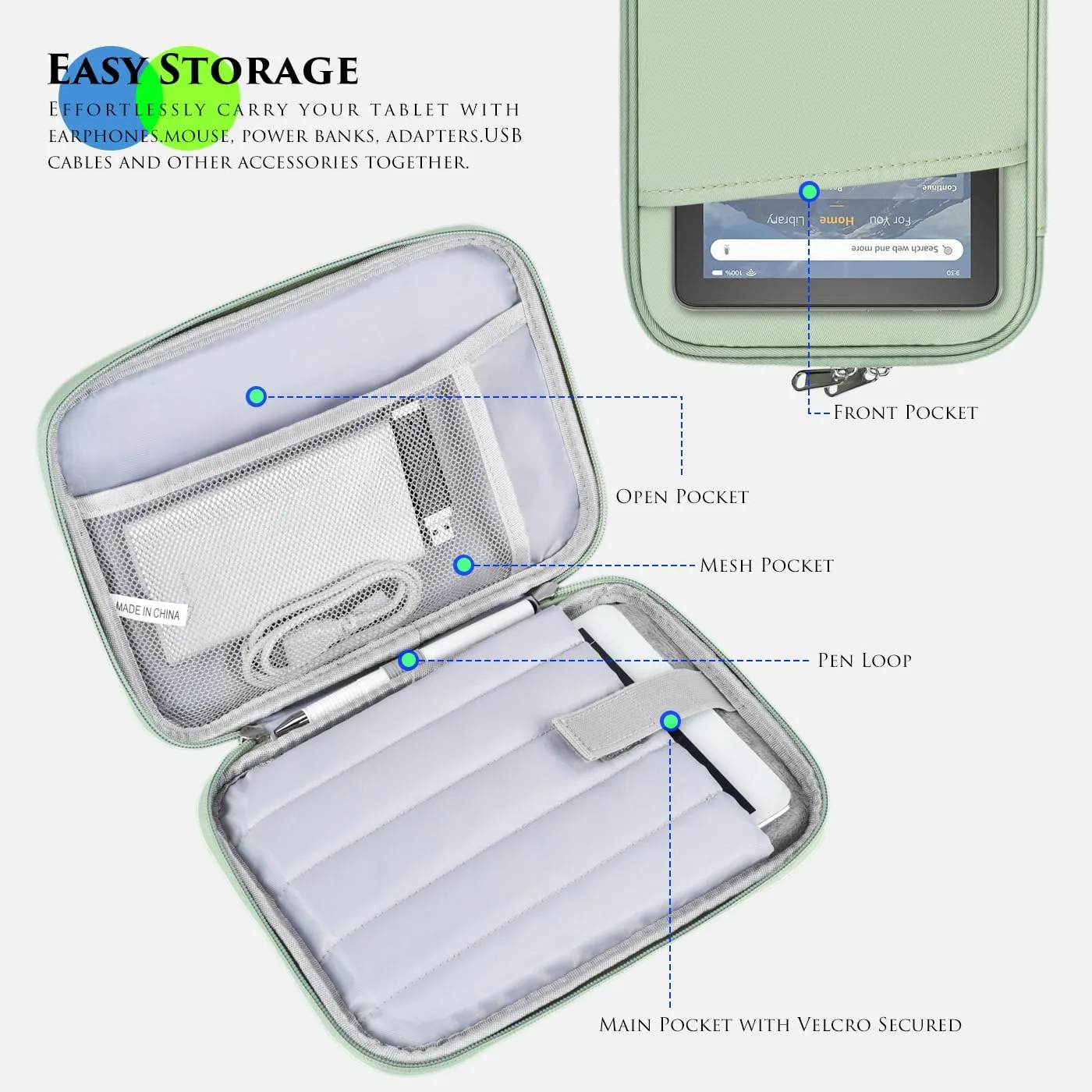 8-9 Inch Tablet Carrying Sleeve Bag Case for Samsung Galaxy Tab A9 8.7" /Tab A7 Lite 8.7" /Tab A 8" & Amazon Kindle Fire 8/Fire 8 Plus 8" & iPad Mini 7 6 5 4 3 2 1 8.3" 7.9" & Lenovo Tab M9 M8(Green)