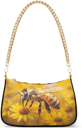 ALAZA Bee Sunflower Yellow Chian Shoulder Bag Handbags Tote Mini Clutch Purse Hobo Bag with Zipper Closure for Women