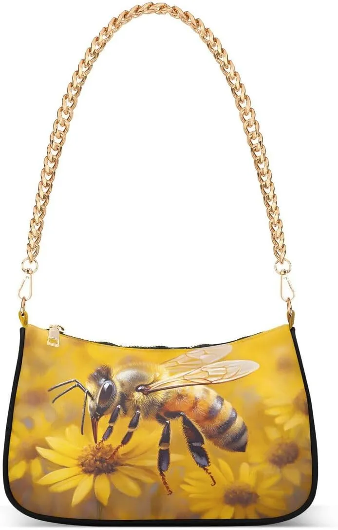 ALAZA Bee Sunflower Yellow Chian Shoulder Bag Handbags Tote Mini Clutch Purse Hobo Bag with Zipper Closure for Women
