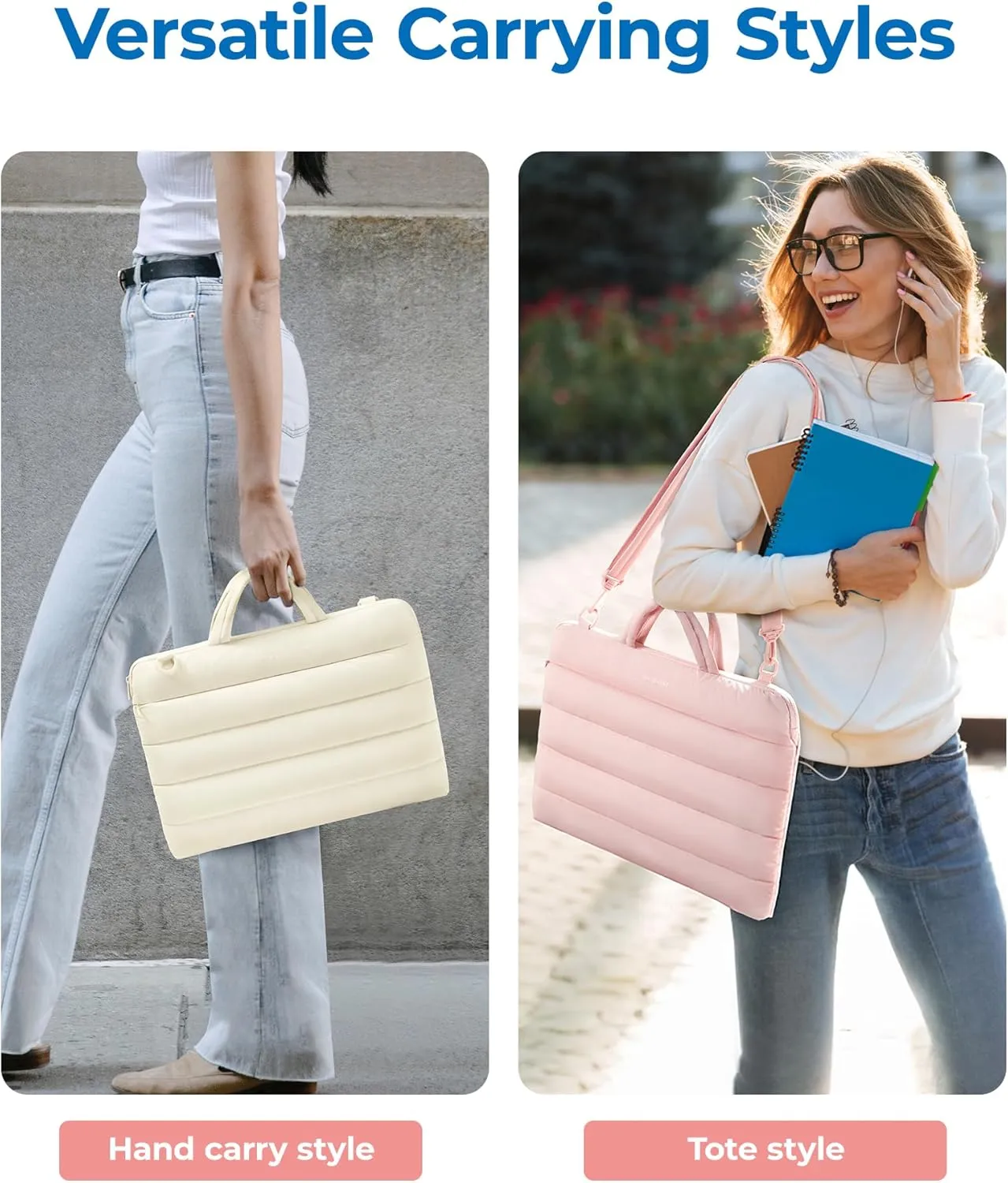 BAGSMART 15-16 inchLaptop Sleeve Bag with Strap, Puffy Padded Laptop Case with Pocket, Portable Macbook Air/Pro 15 inch Case for Women, Repellent Protective Sleeve Fitted with Dell, HP, Beige
