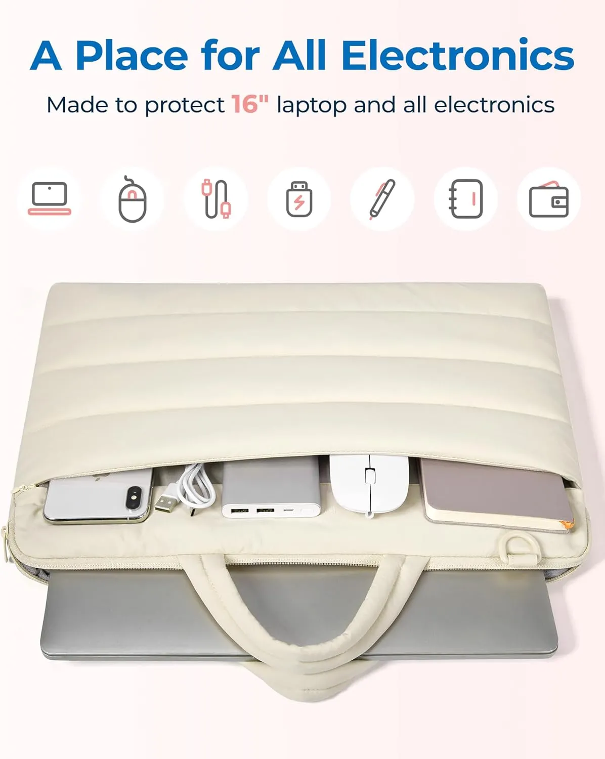 BAGSMART 15-16 inchLaptop Sleeve Bag with Strap, Puffy Padded Laptop Case with Pocket, Portable Macbook Air/Pro 15 inch Case for Women, Repellent Protective Sleeve Fitted with Dell, HP, Beige