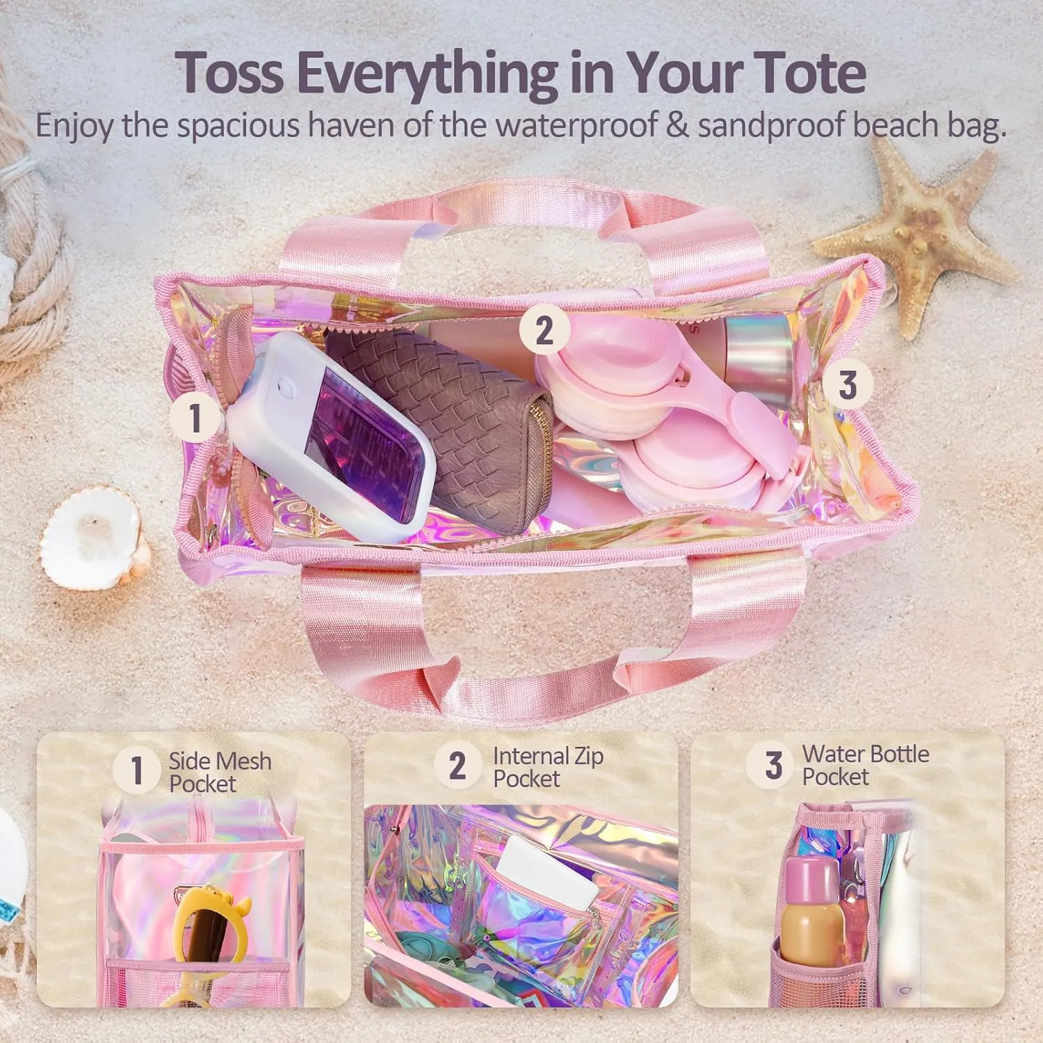 Beach Bag 26L Large Iridescent Waterproof Beach Tote Bag for Women with Zipper & Phone Pouch Sand/Tip-Proof Crossbody
