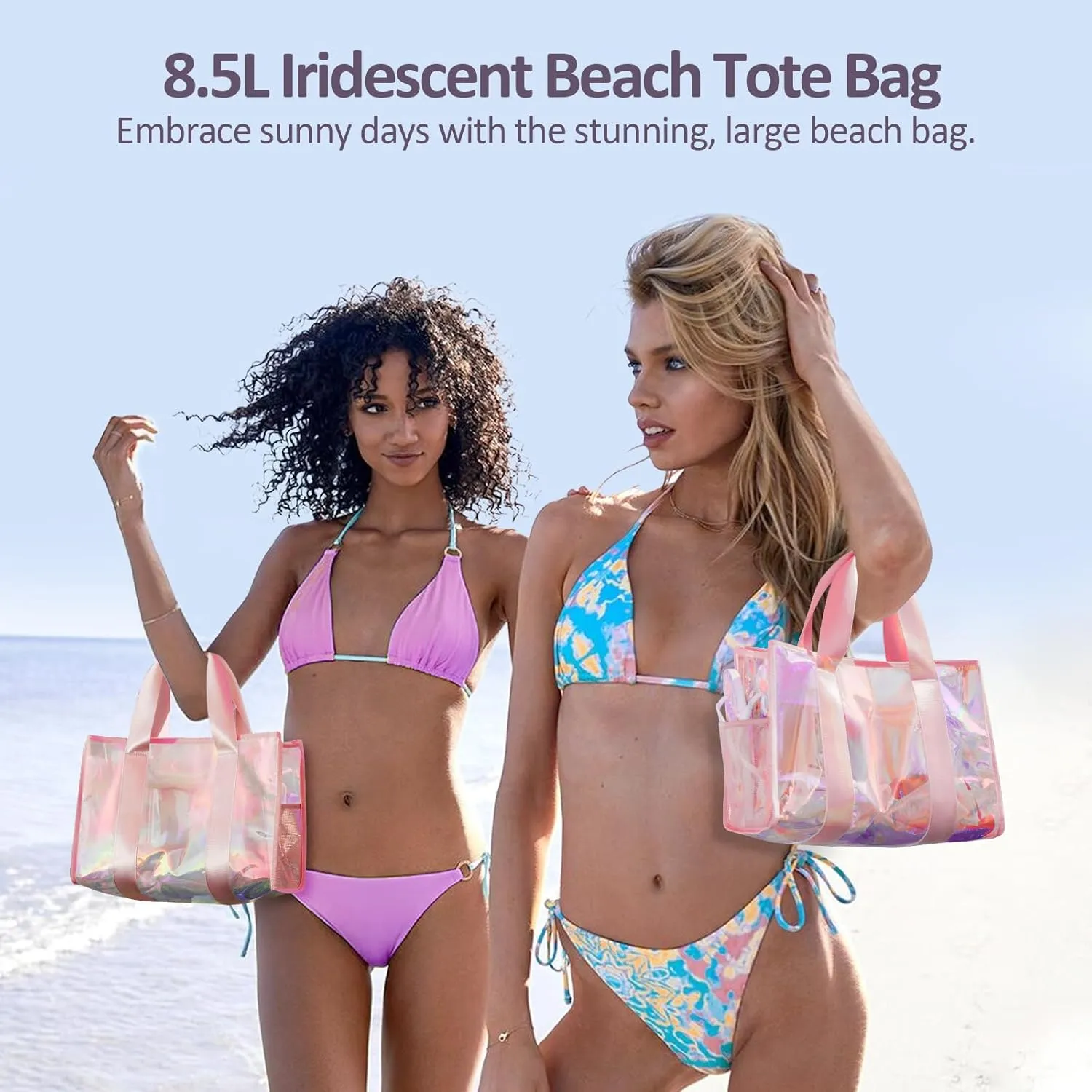 Beach Bag 26L Large Iridescent Waterproof Beach Tote Bag for Women with Zipper & Phone Pouch Sand/Tip-Proof Crossbody