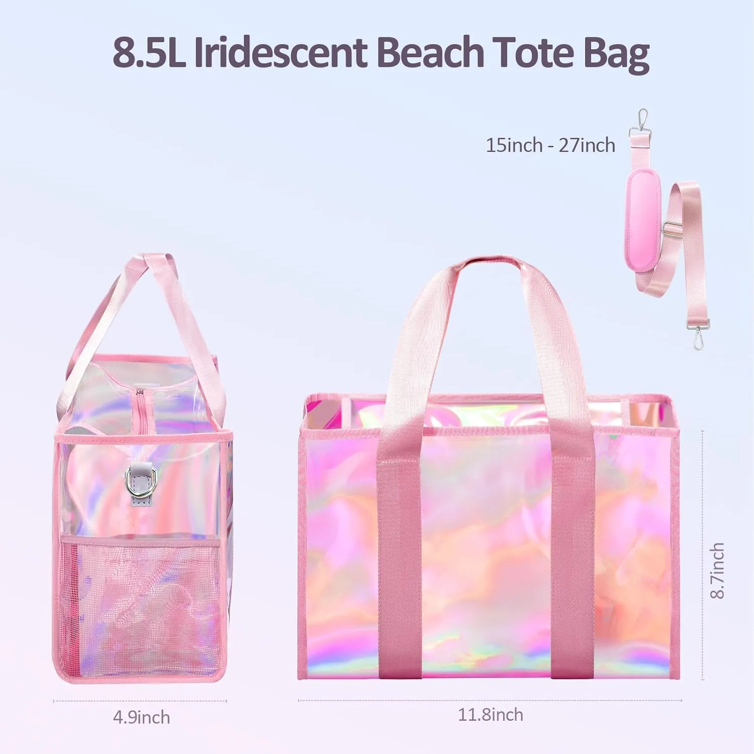 Beach Bag 26L Large Iridescent Waterproof Beach Tote Bag for Women with Zipper & Phone Pouch Sand/Tip-Proof Crossbody
