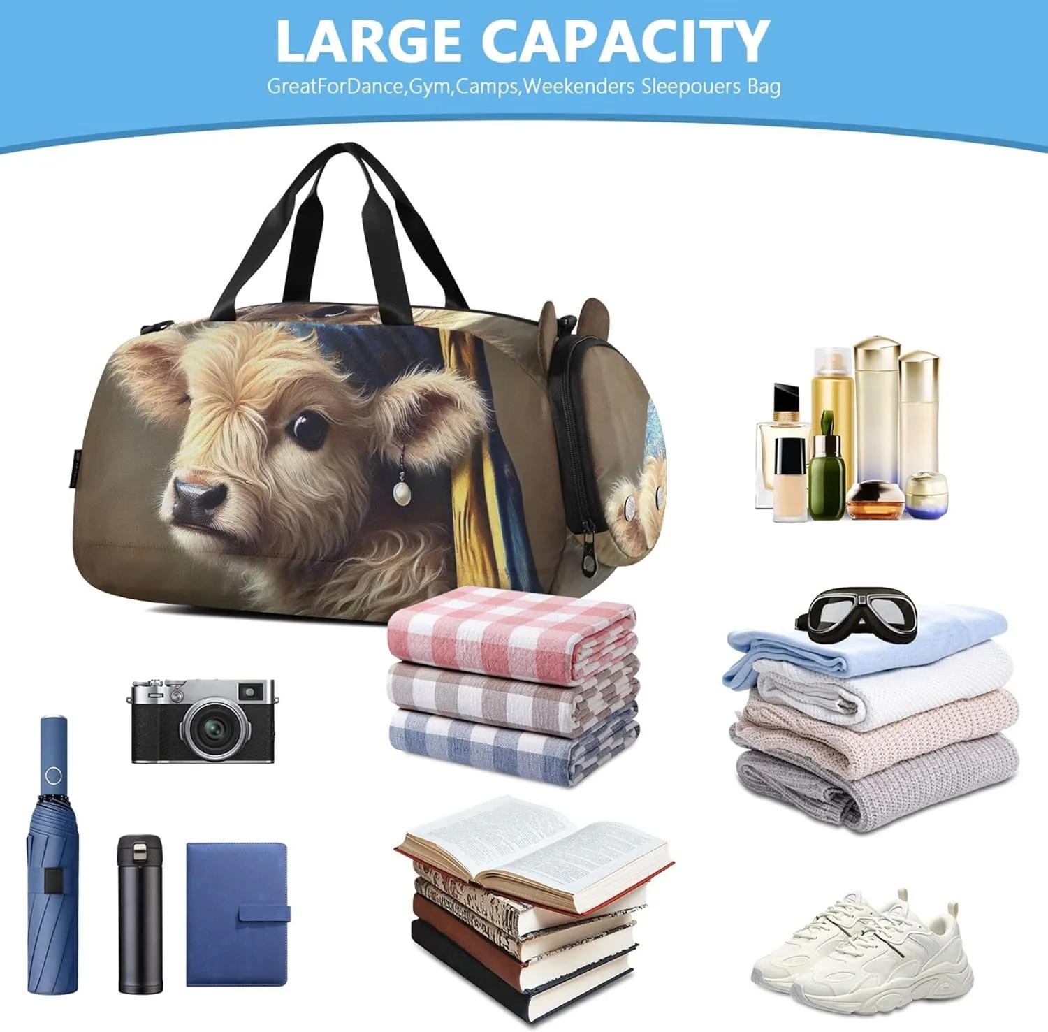 Boys Carry on Duffel Bag Overnight Weekender Duffel Vintage Cow Pearl Earring Duffle Bags for Traveling Tote with Shoulder Strap