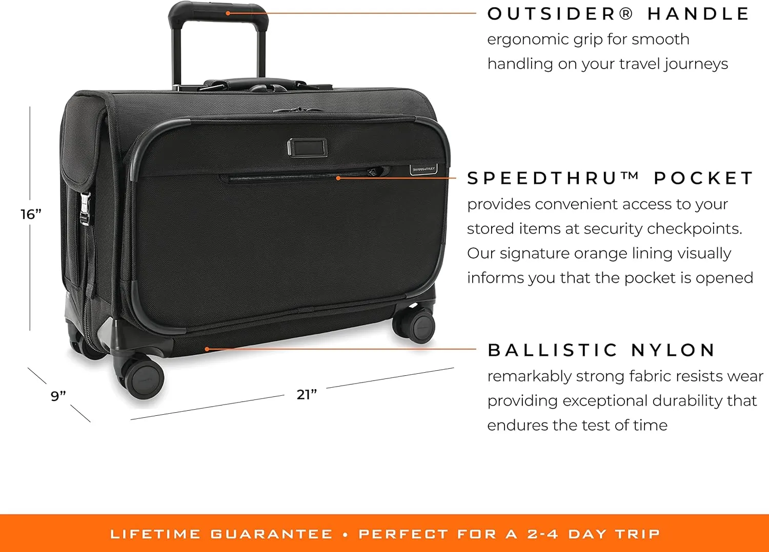 Briggs & Riley 21" Carry-On Wheeled Garment Spinner - Carry On Luggage for Travel, Suitcases with Wheels, Softside Rolling Bag for Men & Women, Built in Hook for Clothes - Baseline Collection, Black