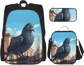 cartoon pigeon print 3-Piece Casual Backpack Set (Backpack   Waist Bag   Small Pouch), Unisex Daypack