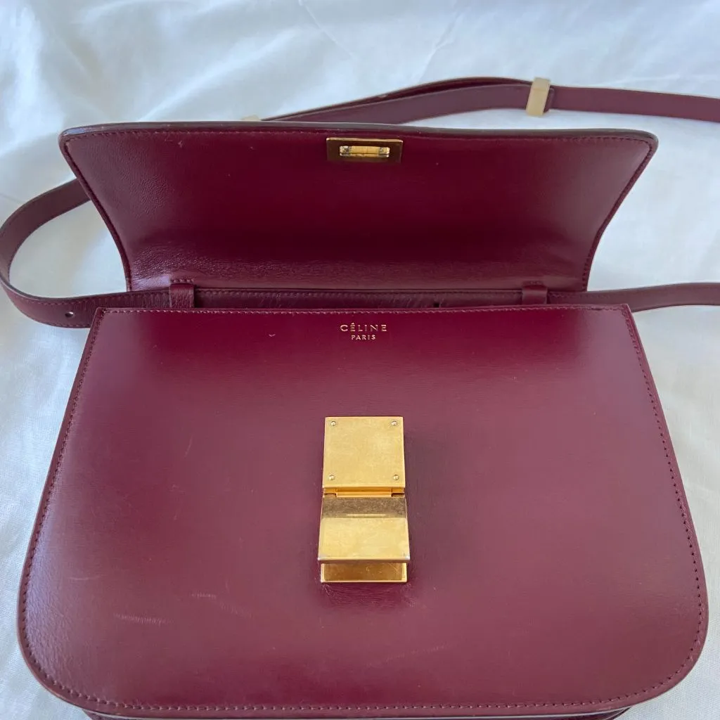 Celine Burgundy Leather Medium Classic Box Shoulder Flap Bag