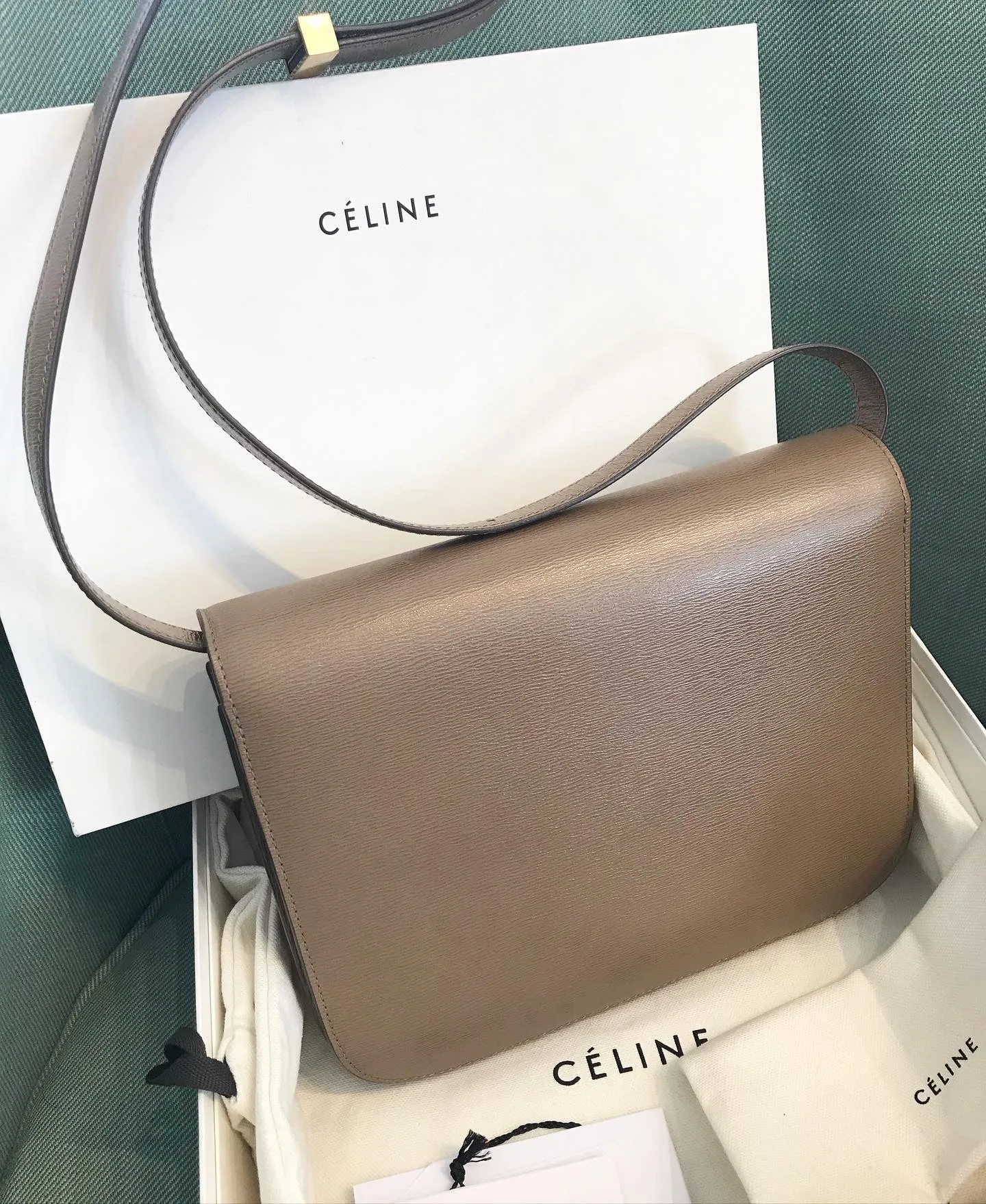 CELINE Classic Liege Taupe Calfskin Medium Box Bag