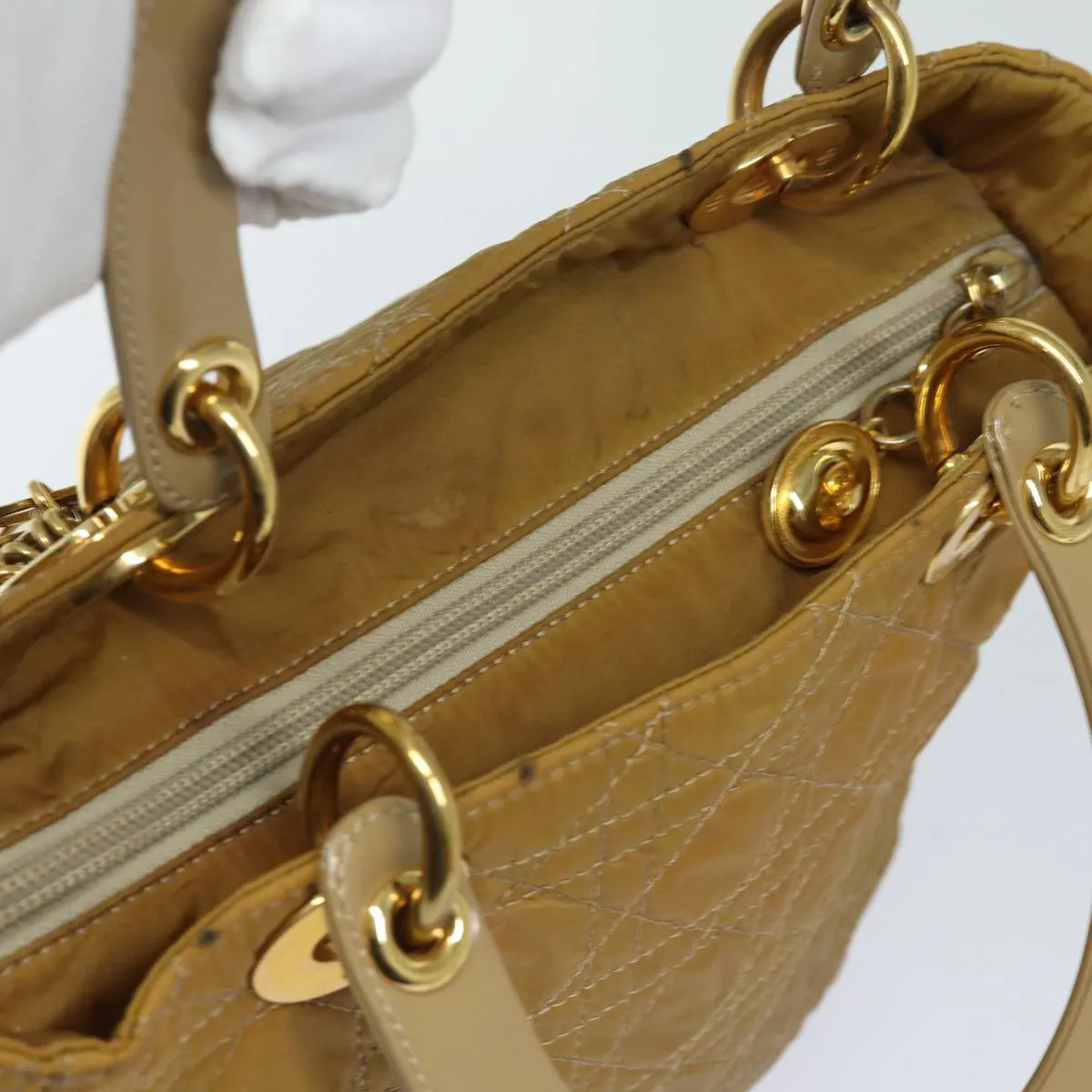 CHRISTIAN DIOR Lady Dior Canage Hand Bag Nylon 2way Beige Auth yk13576
