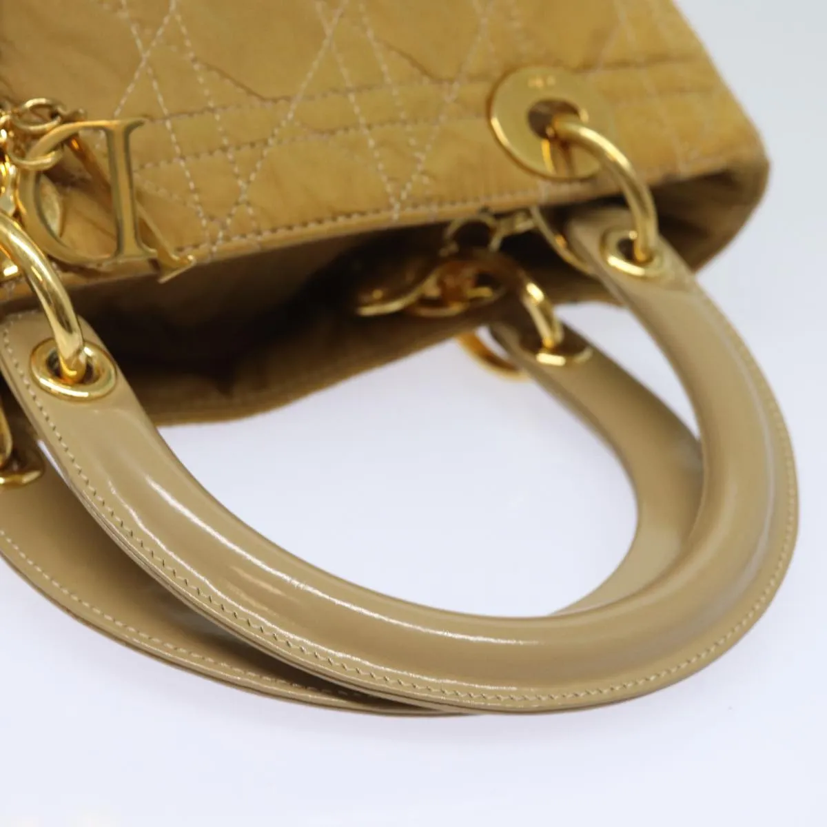 CHRISTIAN DIOR Lady Dior Canage Hand Bag Nylon 2way Beige Auth yk13576