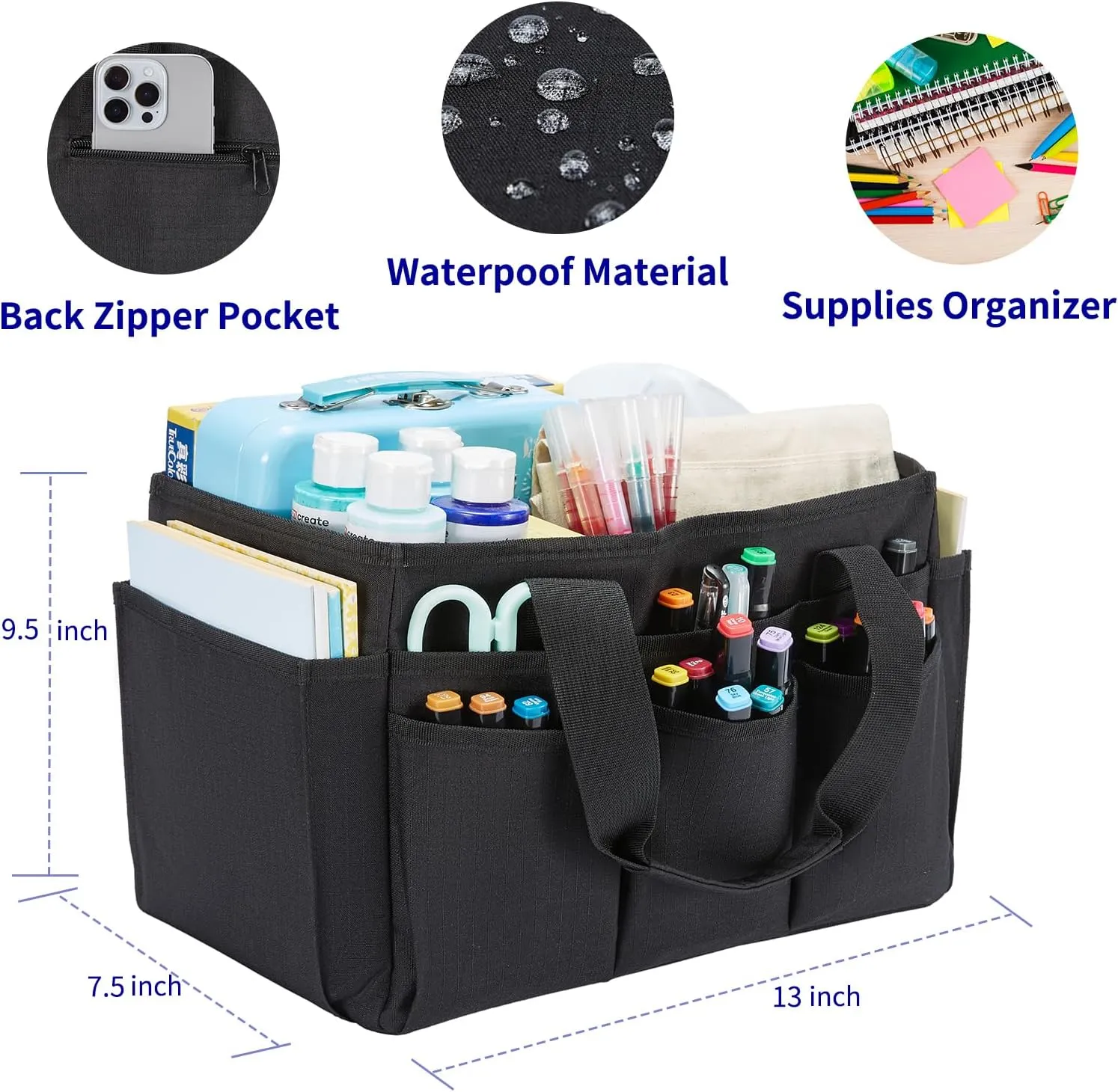 Craft Tote Bag, Art Organizer,Cleaning Supply Caddy, Carrying Bag with Handle for Multi-Purpose, Organizer Caddy for Pets (Dark Black)