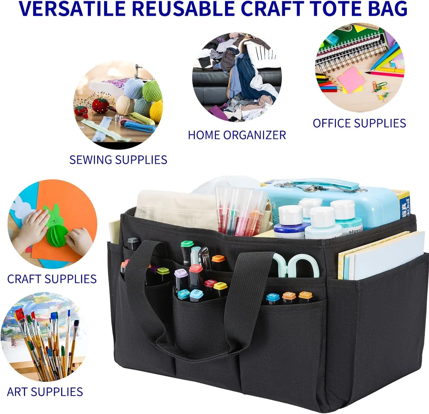 Craft Tote Bag, Art Organizer,Cleaning Supply Caddy, Carrying Bag with Handle for Multi-Purpose, Organizer Caddy for Pets (Dark Black)