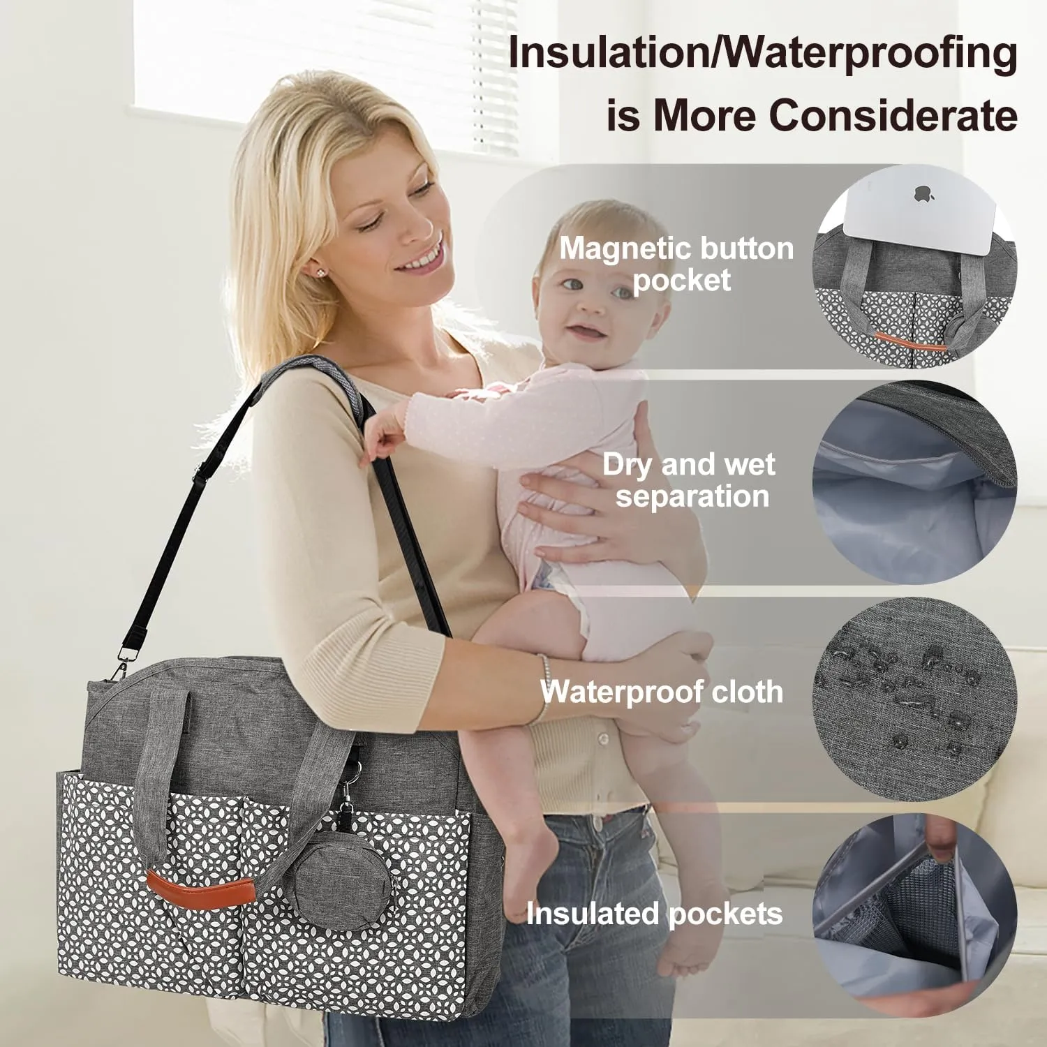 Diaper Bag Tote, Large Diaper Bag with Pacifier Case Travel Diaper Tote for Mom with Changing Station Multifunction