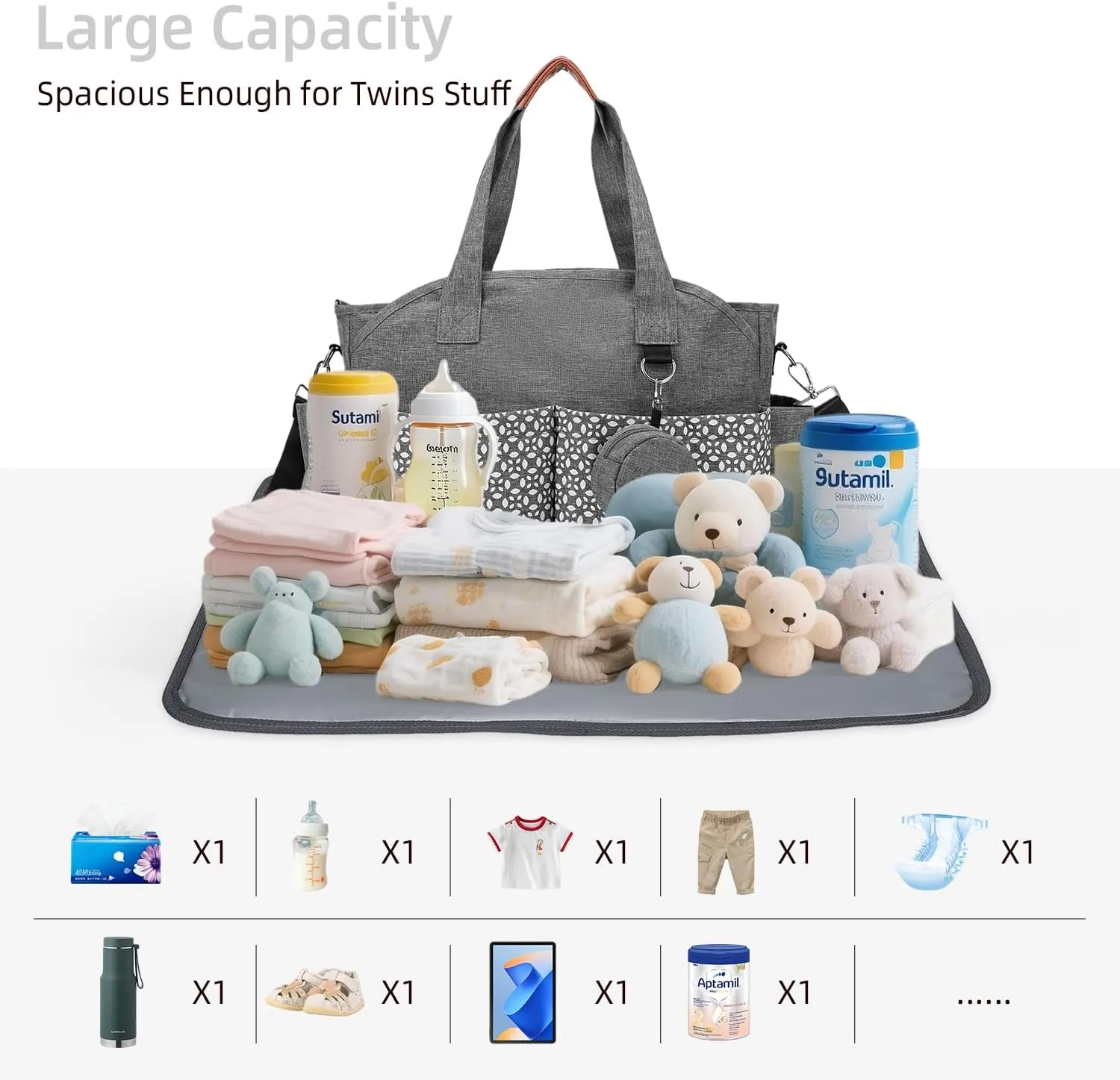 Diaper Bag Tote, Large Diaper Bag with Pacifier Case Travel Diaper Tote for Mom with Changing Station Multifunction