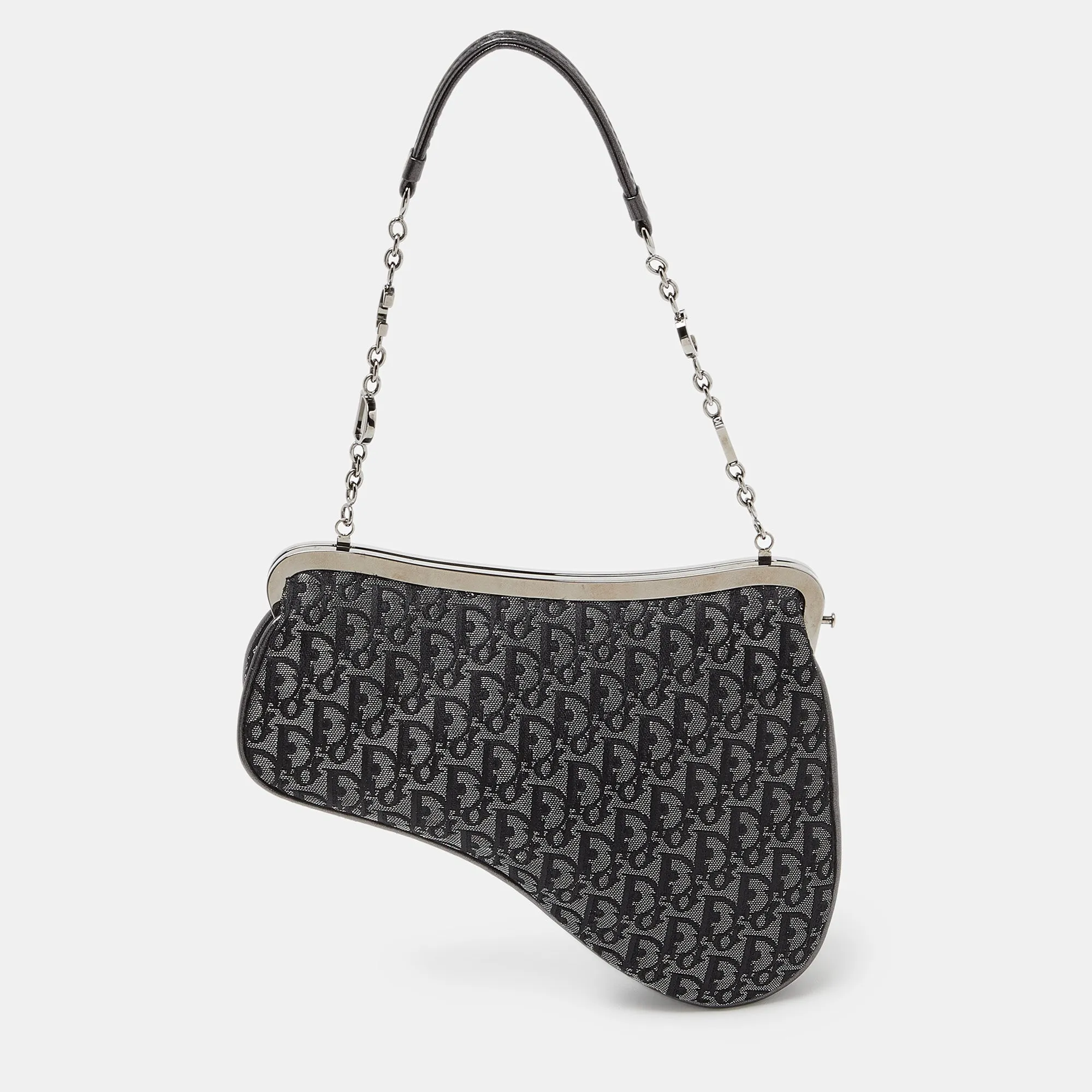DIOR Metallic/Grey Lurex Fabric and Leather Vintage Saddle Frame Pochette