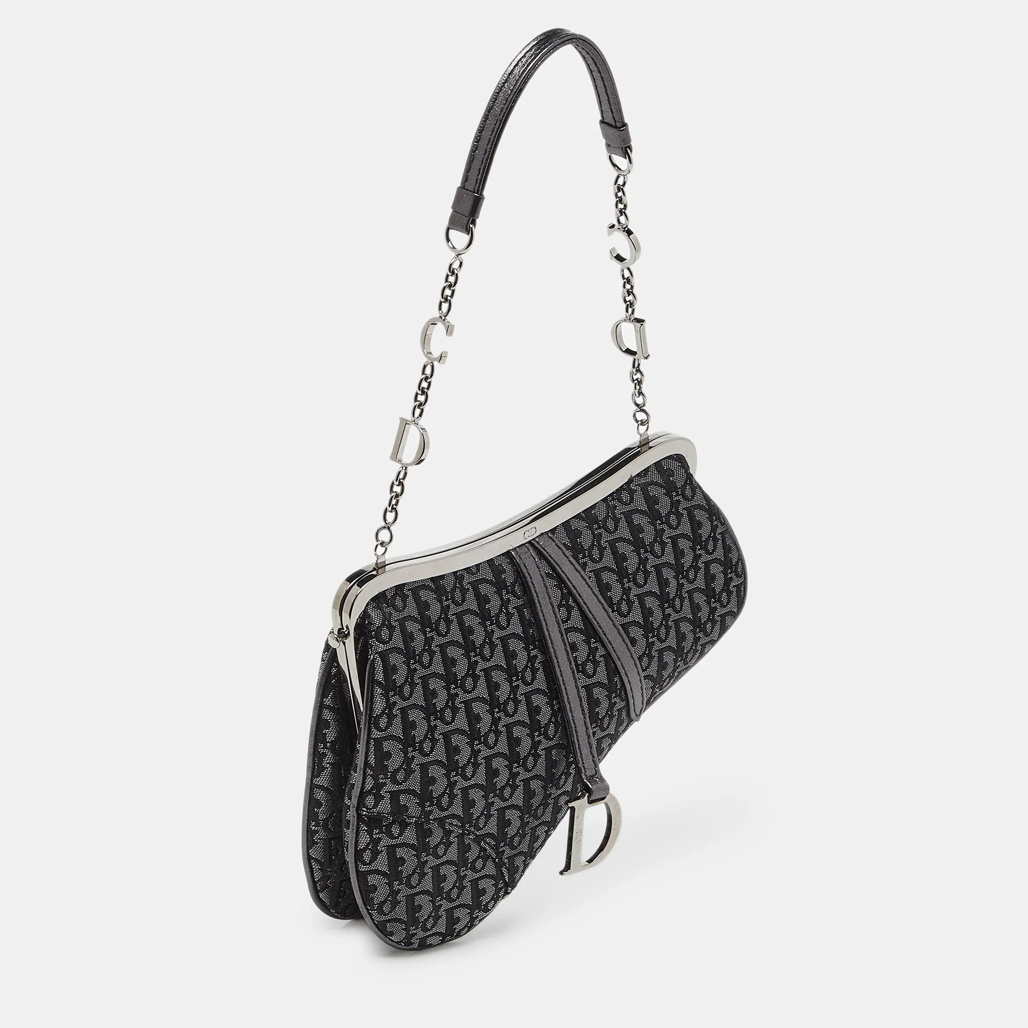 DIOR Metallic/Grey Lurex Fabric and Leather Vintage Saddle Frame Pochette