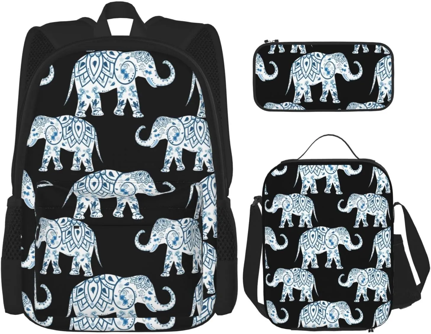 Elephant-Blue Black print 3-Piece Casual Backpack Set (Backpack   Waist Bag   Small Pouch), Unisex Daypack