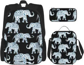 Elephant-Blue Black print 3-Piece Casual Backpack Set (Backpack   Waist Bag   Small Pouch), Unisex Daypack