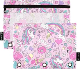 Fisyme Unicorn Flamingo Pink Pencil Pouch for 3 Ring Binder Pencil Case Pencil Bag Zipper Pouch with Clear Window for Office 2 Pack