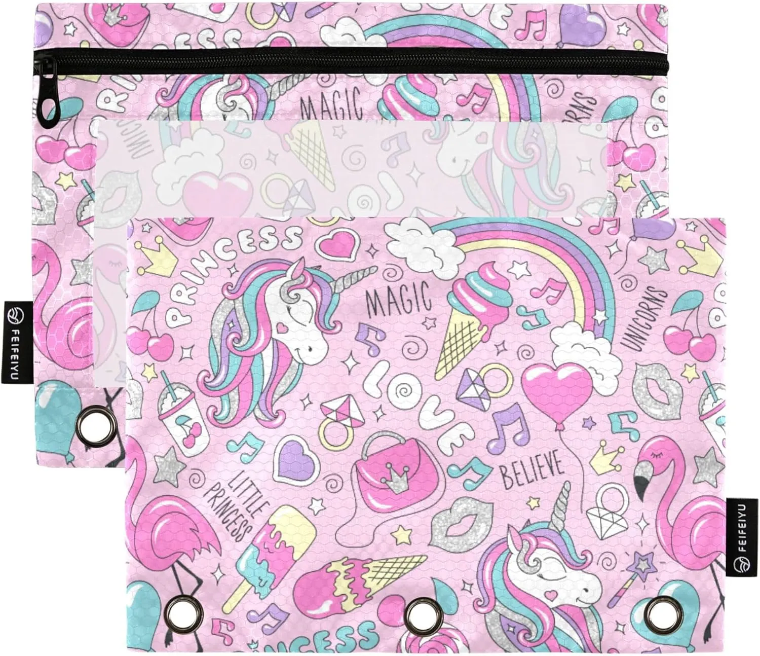 Fisyme Unicorn Flamingo Pink Pencil Pouch for 3 Ring Binder Pencil Case Pencil Bag Zipper Pouch with Clear Window for Office 2 Pack