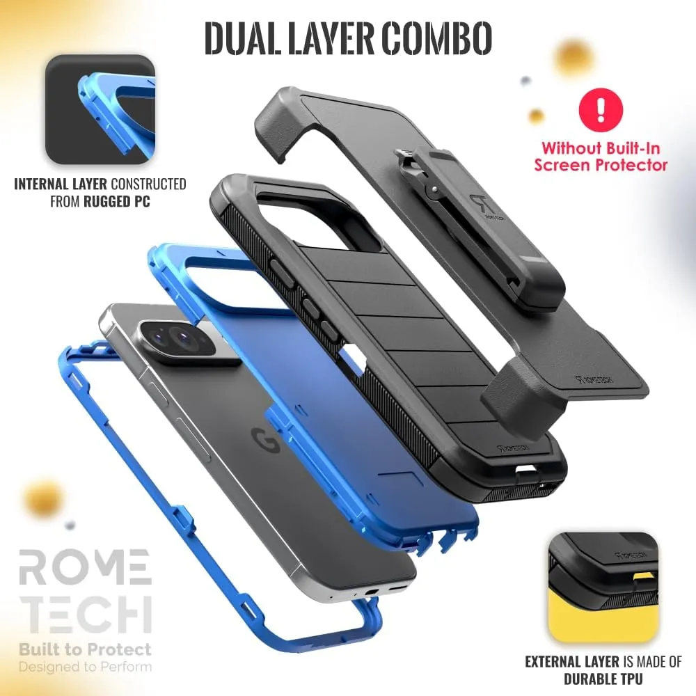 for Google Pixel 9 (G2YBB,GUR25,G1B60) /9 Pro (GR83Y,GEC77,GWVK6) Case with Belt Clip Holster & Kickstand, Screenless Protective Dual-Layer Shockproof Pixel 9 Case - Black & Blue