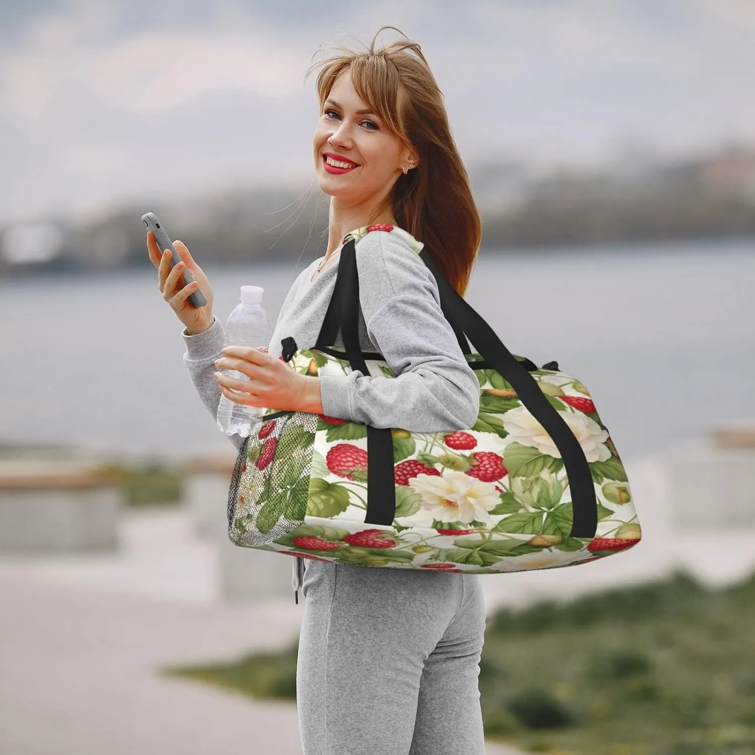 Fruits Strawberry Flower Travel Duffel Bag with Strap Multi Pockets Sports Bag Handbag Large Shoulder Bag for Gym Weekend Fitness Camping