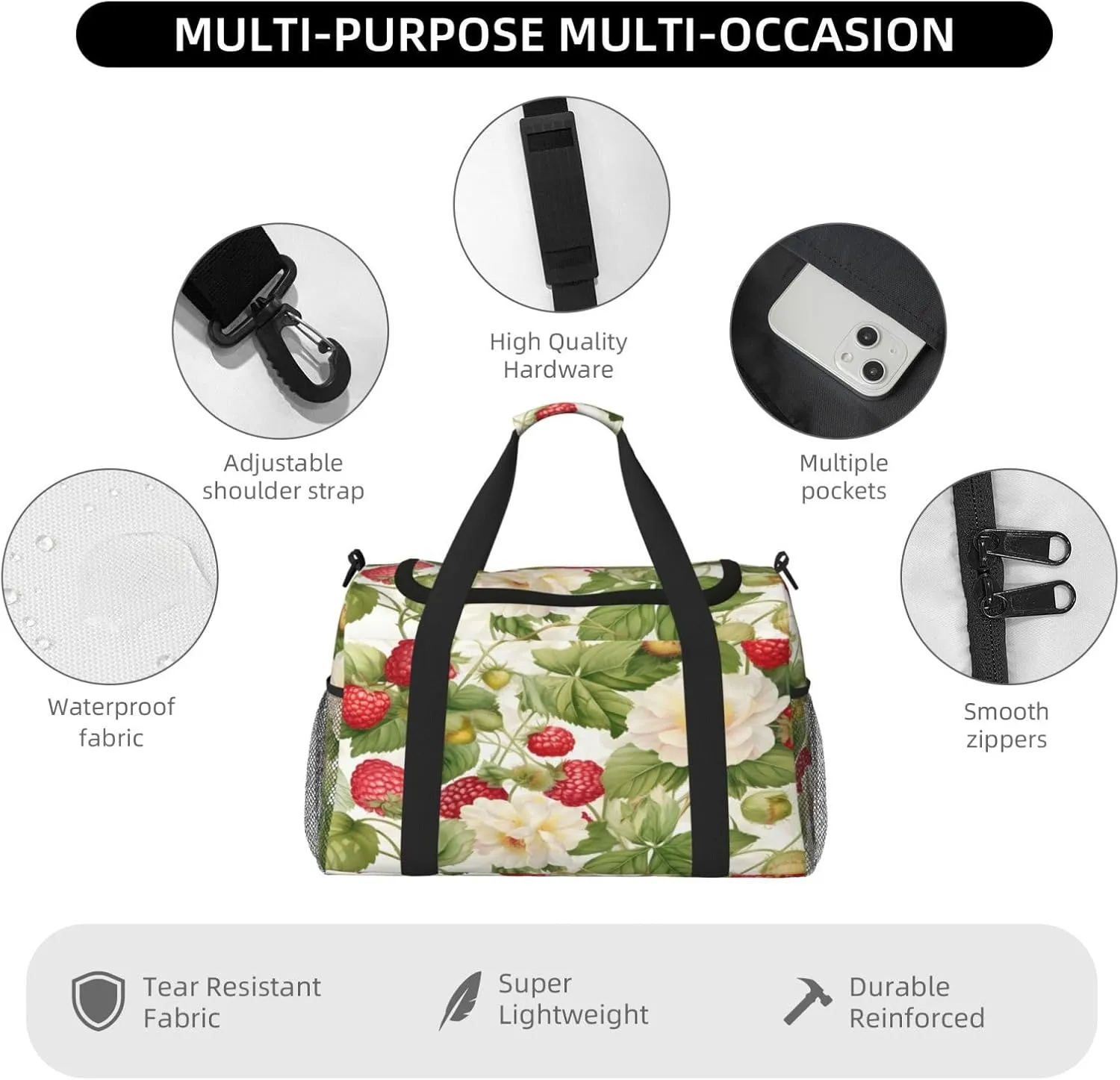 Fruits Strawberry Flower Travel Duffel Bag with Strap Multi Pockets Sports Bag Handbag Large Shoulder Bag for Gym Weekend Fitness Camping