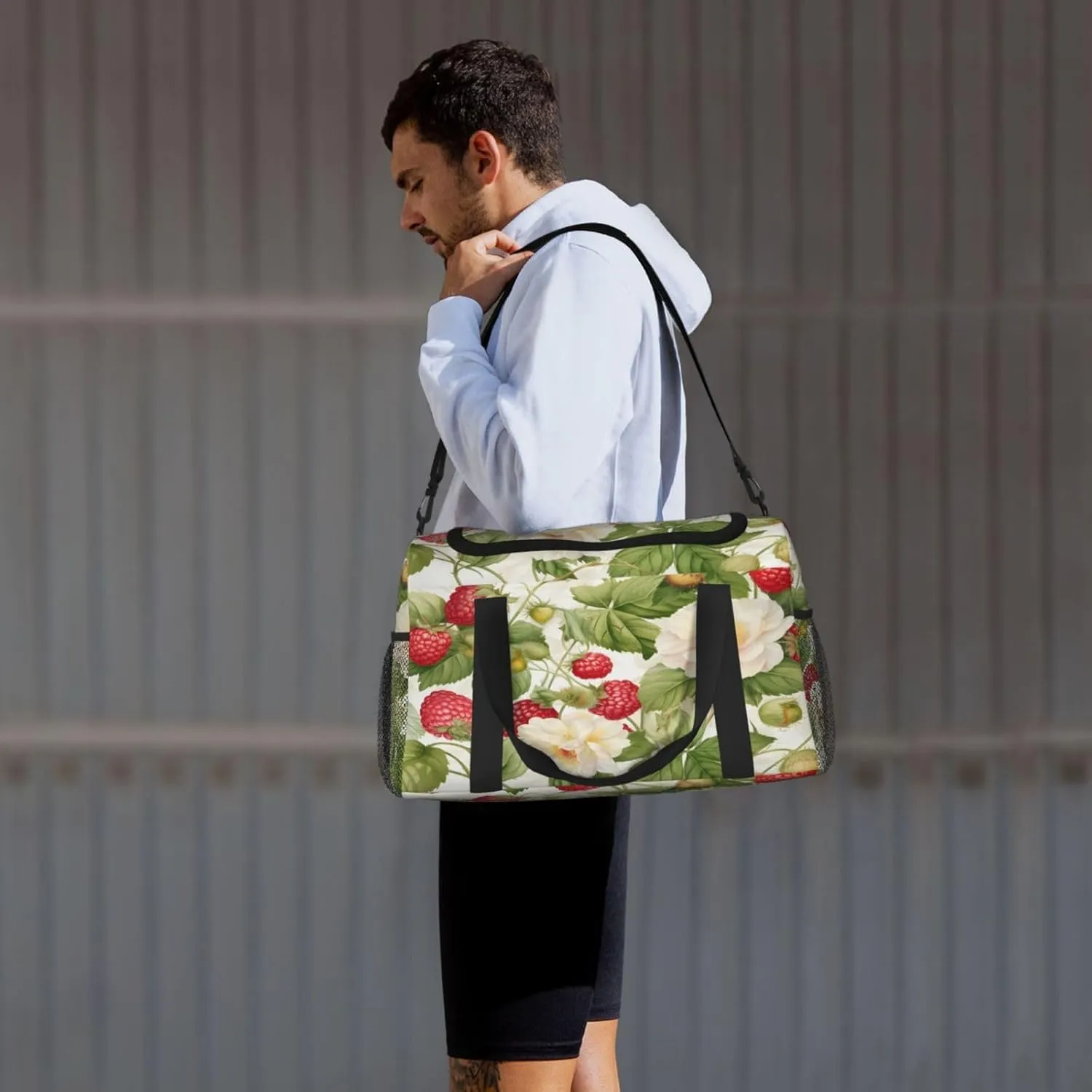Fruits Strawberry Flower Travel Duffel Bag with Strap Multi Pockets Sports Bag Handbag Large Shoulder Bag for Gym Weekend Fitness Camping