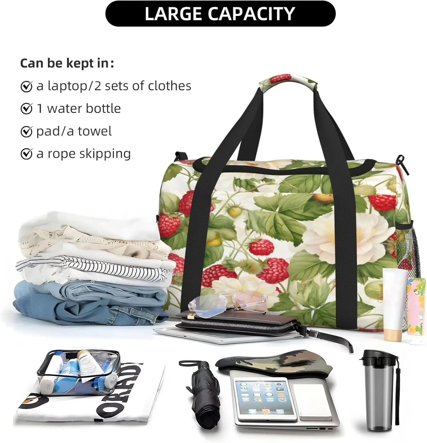 Fruits Strawberry Flower Travel Duffel Bag with Strap Multi Pockets Sports Bag Handbag Large Shoulder Bag for Gym Weekend Fitness Camping