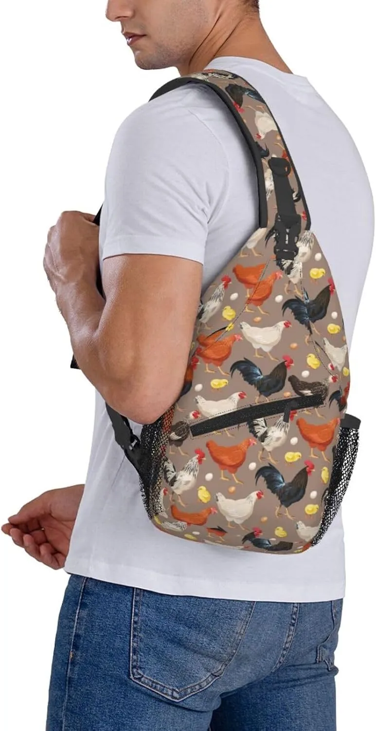 Funny Rooster Print Sling Bag for Women Crossbody Bag Cock Hen Chicken Domestic Animals Sling Backpack for Men Rustic Country Farm Animal Shoulder Bag Gym Sports Travel Hiking Daypack