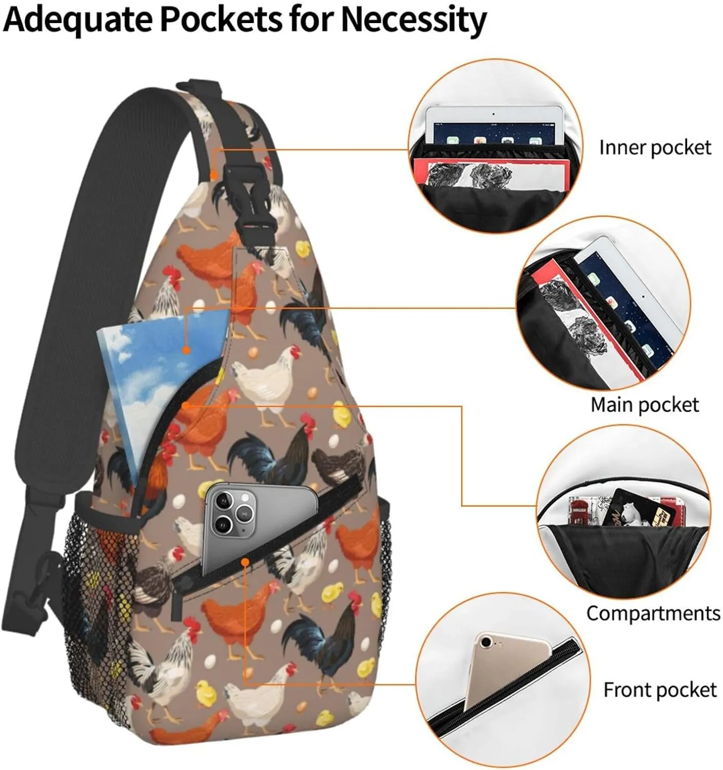 Funny Rooster Print Sling Bag for Women Crossbody Bag Cock Hen Chicken Domestic Animals Sling Backpack for Men Rustic Country Farm Animal Shoulder Bag Gym Sports Travel Hiking Daypack