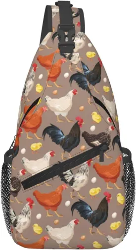 Funny Rooster Print Sling Bag for Women Crossbody Bag Cock Hen Chicken Domestic Animals Sling Backpack for Men Rustic Country Farm Animal Shoulder Bag Gym Sports Travel Hiking Daypack