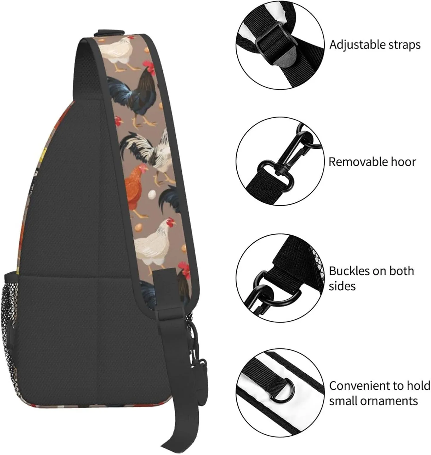 Funny Rooster Print Sling Bag for Women Crossbody Bag Cock Hen Chicken Domestic Animals Sling Backpack for Men Rustic Country Farm Animal Shoulder Bag Gym Sports Travel Hiking Daypack