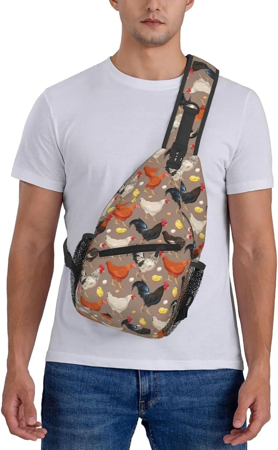 Funny Rooster Print Sling Bag for Women Crossbody Bag Cock Hen Chicken Domestic Animals Sling Backpack for Men Rustic Country Farm Animal Shoulder Bag Gym Sports Travel Hiking Daypack