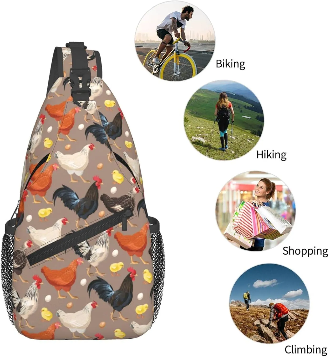 Funny Rooster Print Sling Bag for Women Crossbody Bag Cock Hen Chicken Domestic Animals Sling Backpack for Men Rustic Country Farm Animal Shoulder Bag Gym Sports Travel Hiking Daypack