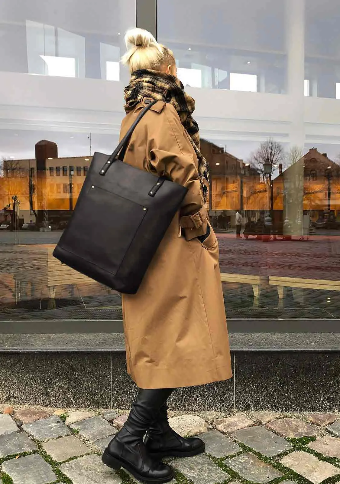Genuine Leather Tote Bag with Front Pocket