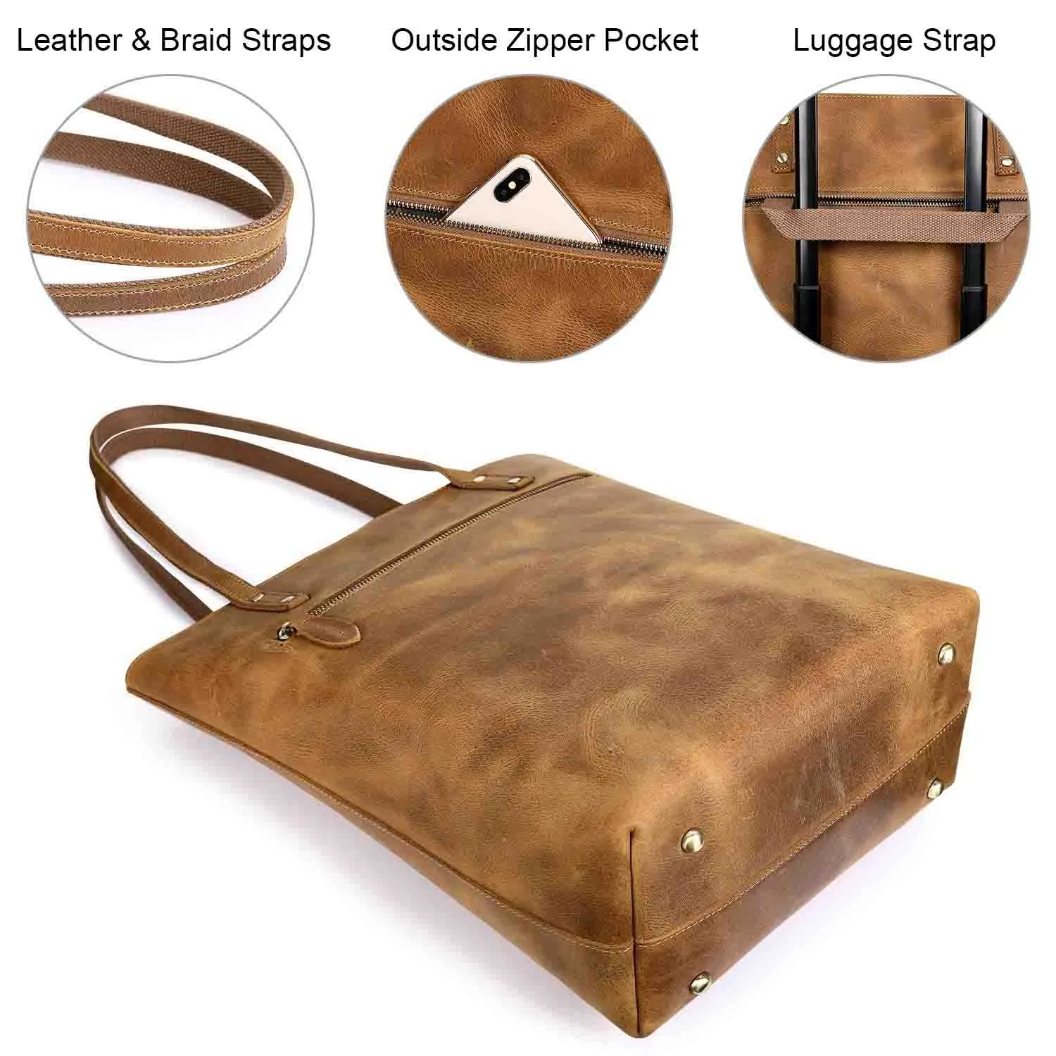 Genuine Leather Tote Bag with Front Pocket