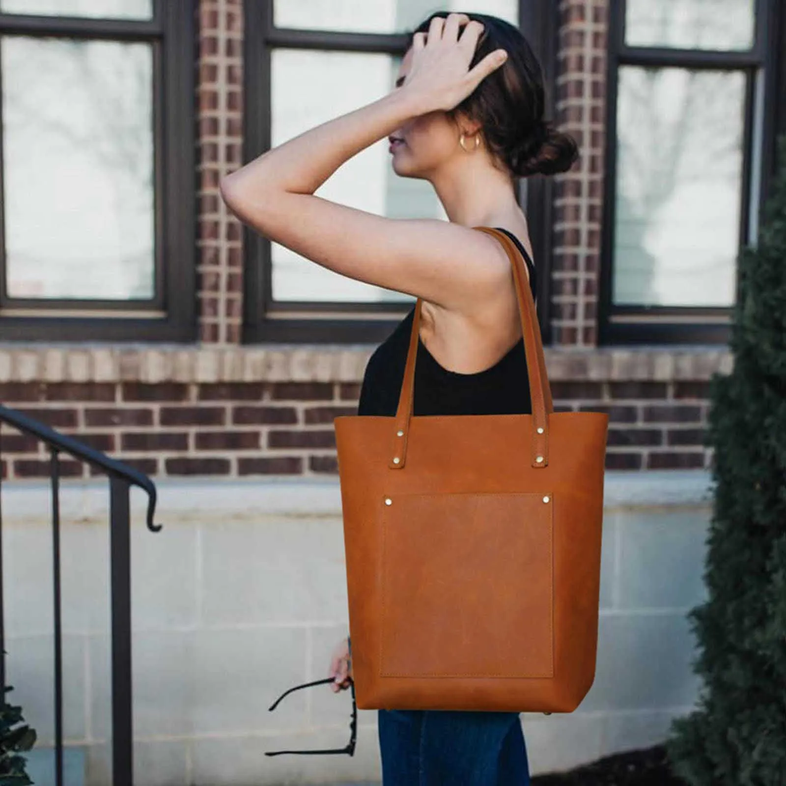 Genuine Leather Tote Bag with Front Pocket