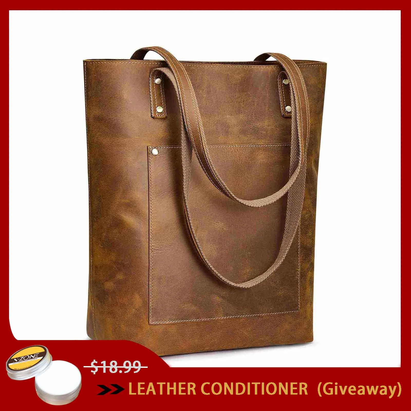 Genuine Leather Tote Bag with Front Pocket