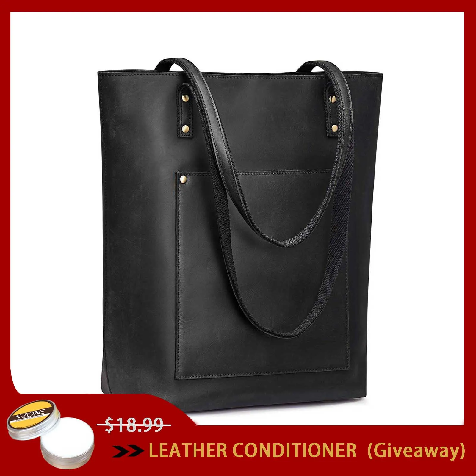 Genuine Leather Tote Bag with Front Pocket