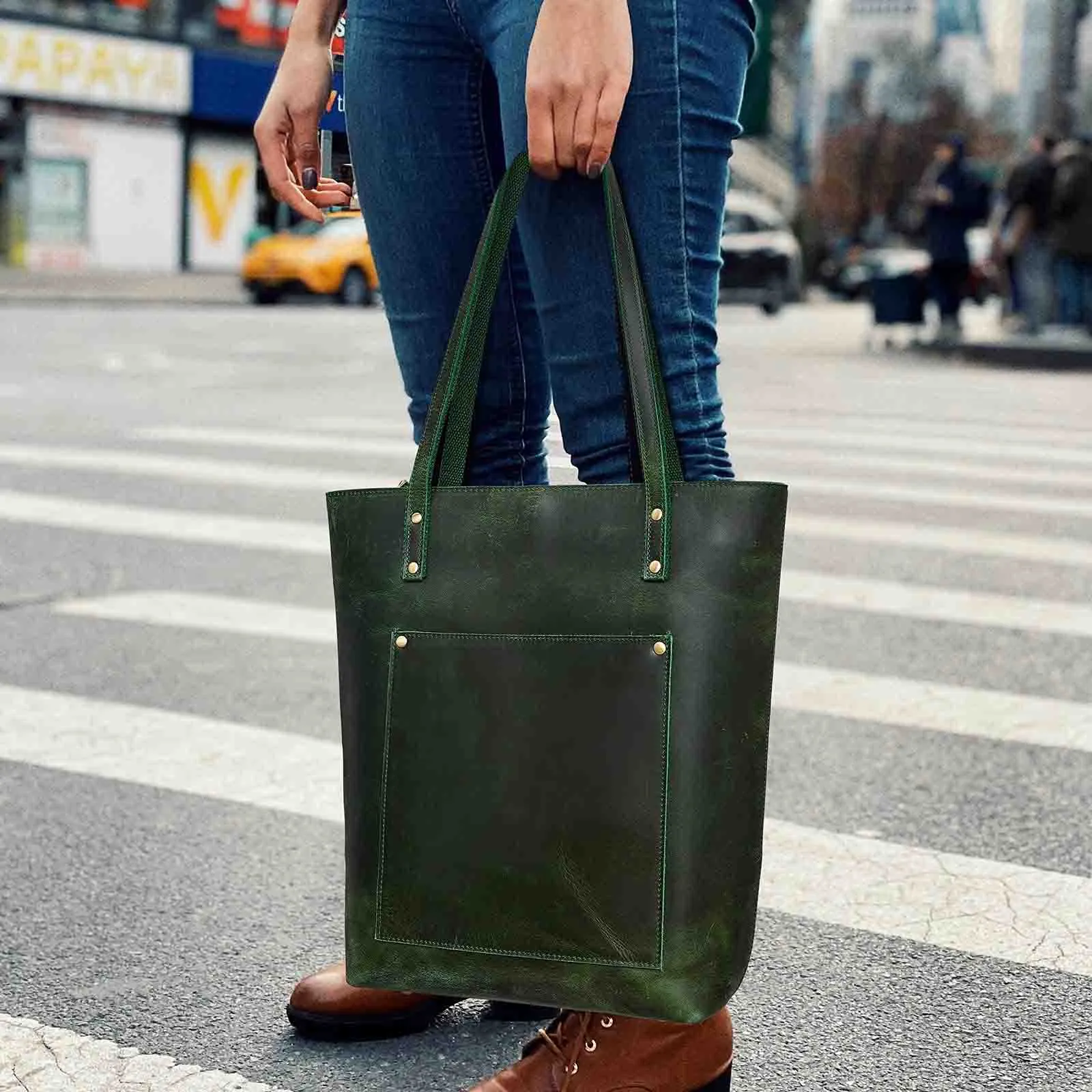 Genuine Leather Tote Bag with Front Pocket