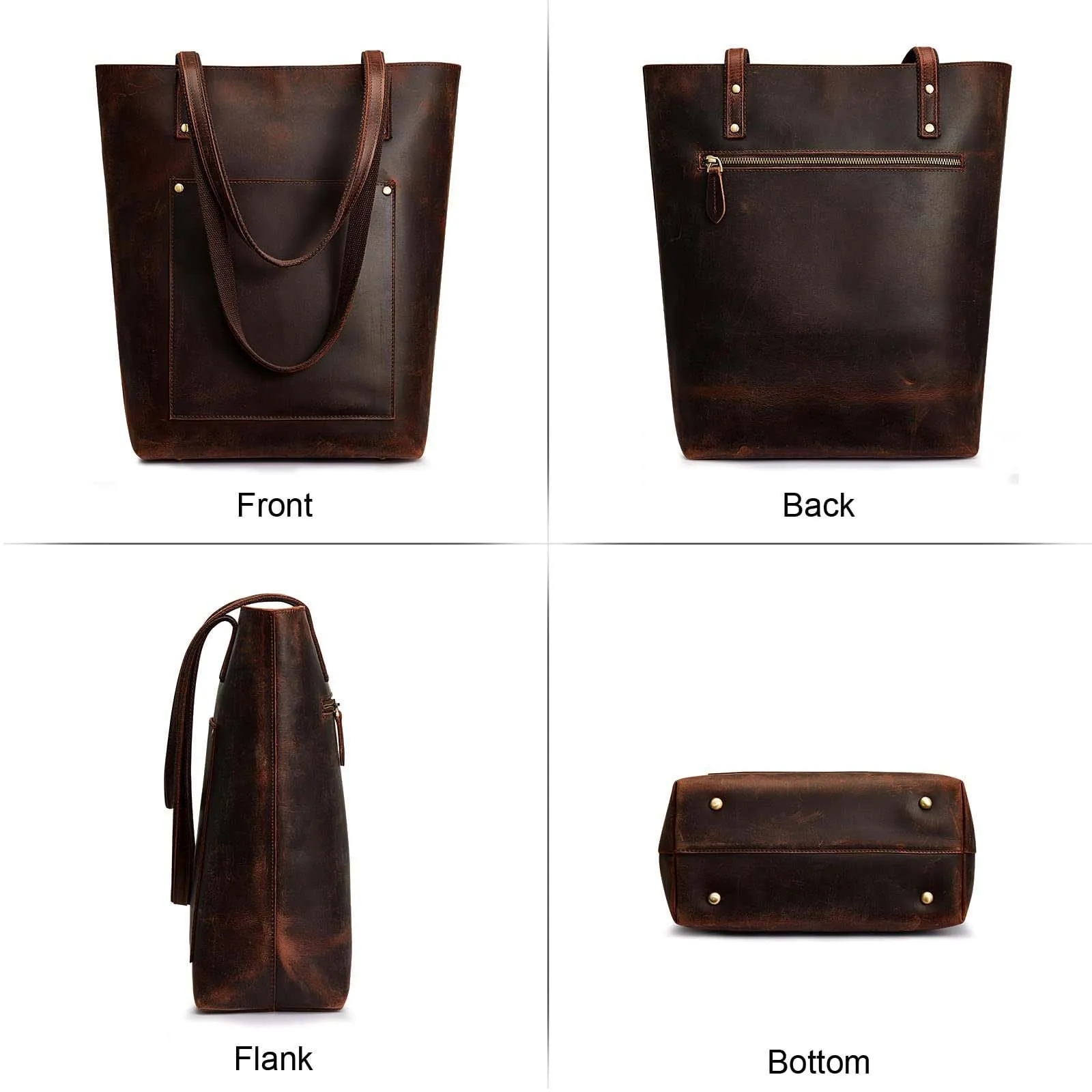 Genuine Leather Tote Bag with Front Pocket