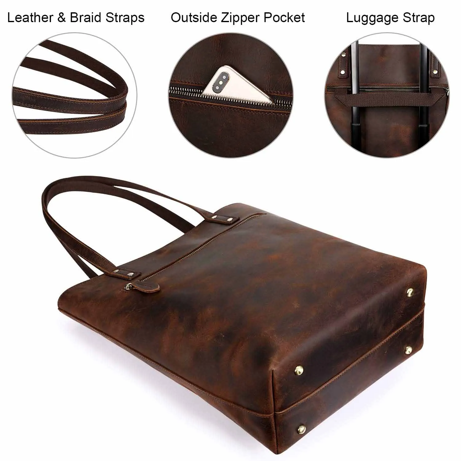 Genuine Leather Tote Bag with Front Pocket