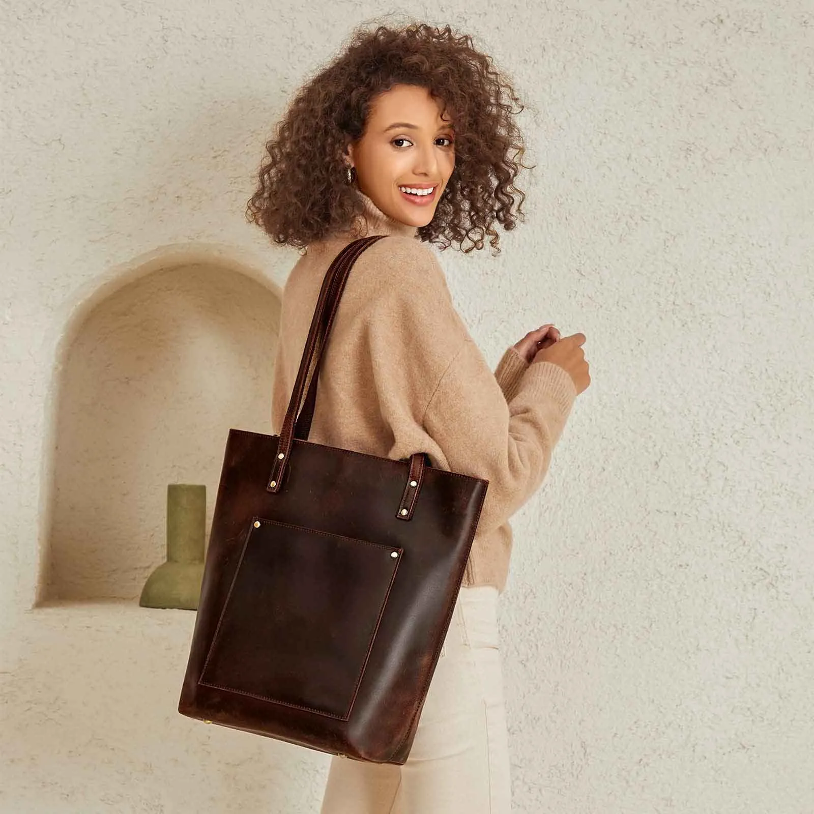 Genuine Leather Tote Bag with Front Pocket