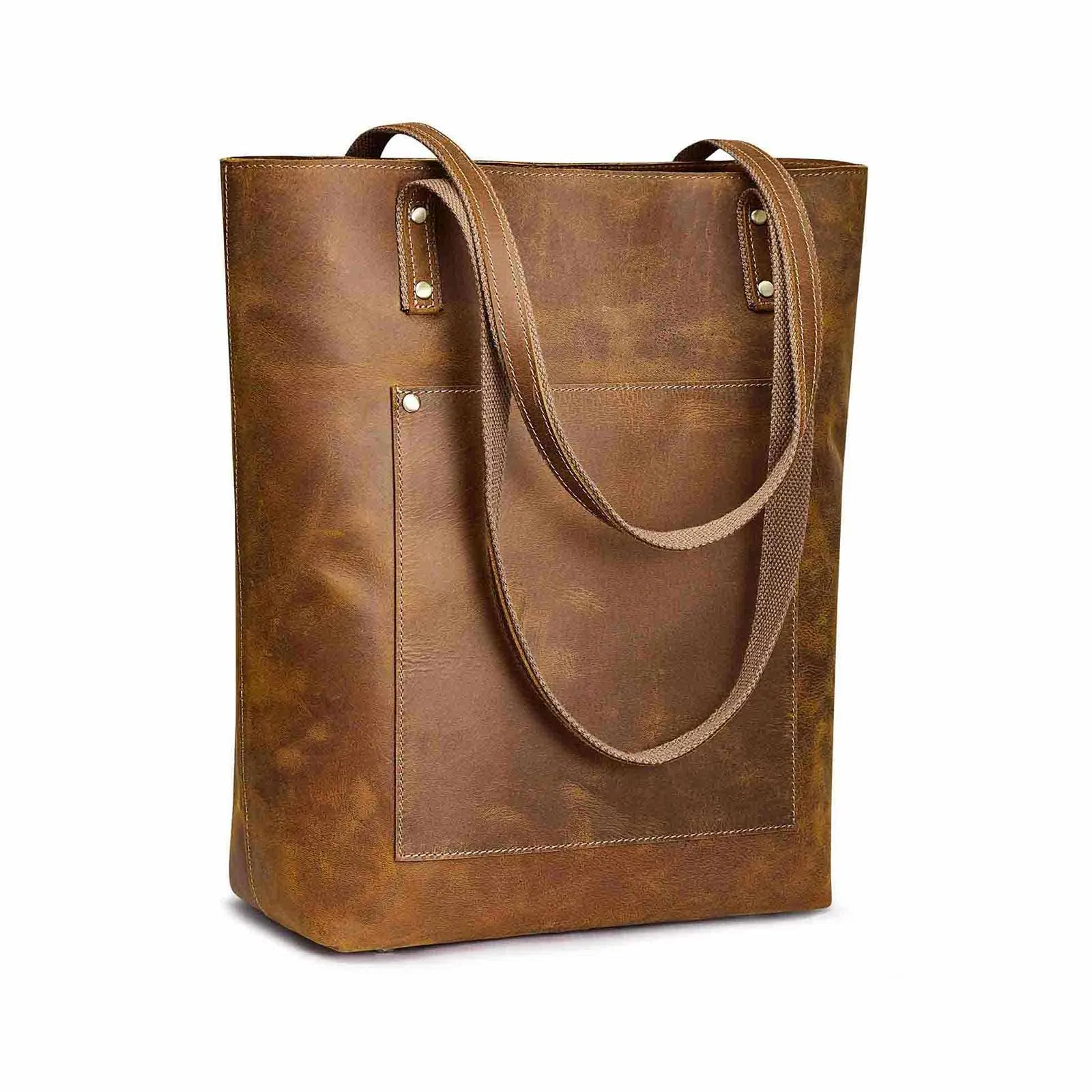 Genuine Leather Tote Bag with Front Pocket