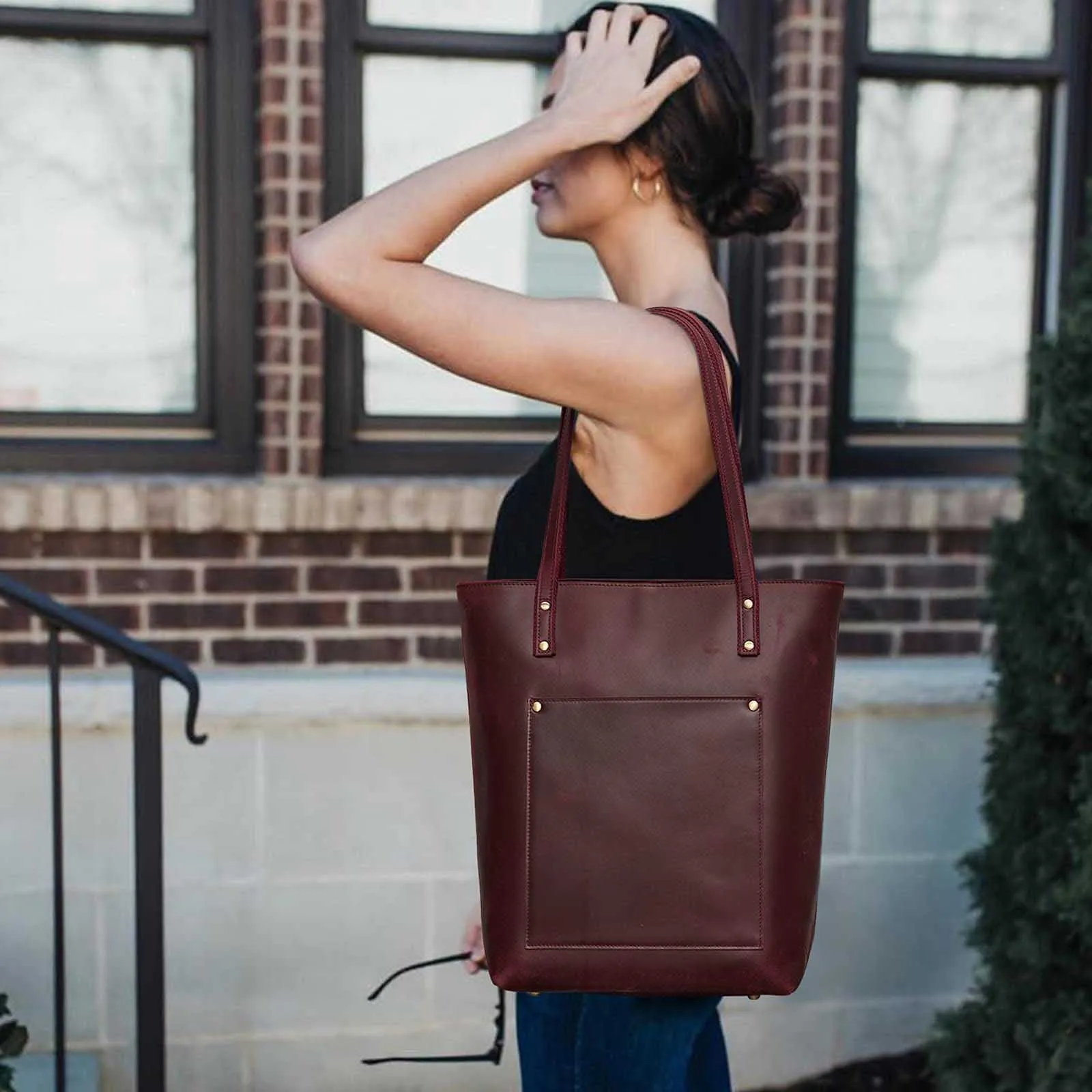 Genuine Leather Tote Bag with Front Pocket
