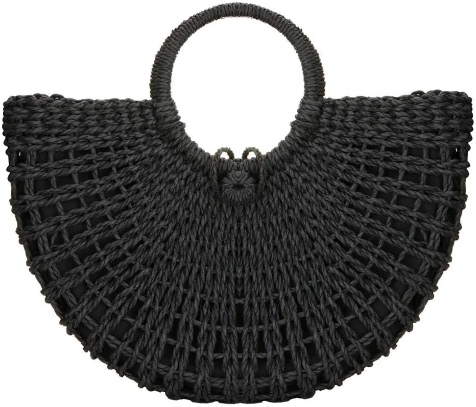 Gets Handwoven Rattan Top-handle Bag for Women Bohemian Round Straw Tote Bag Beach Large Carrying Handbag